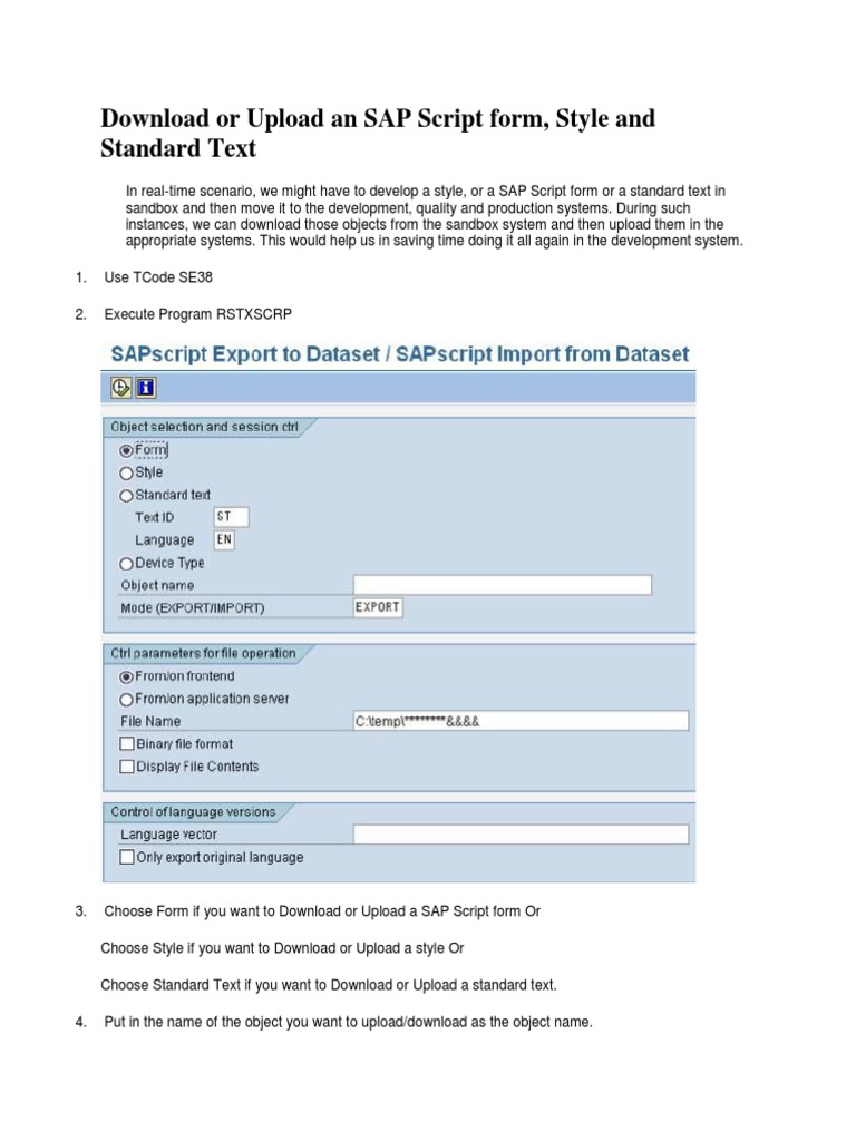 SAP Script Form Upload/Download Guide | PDF