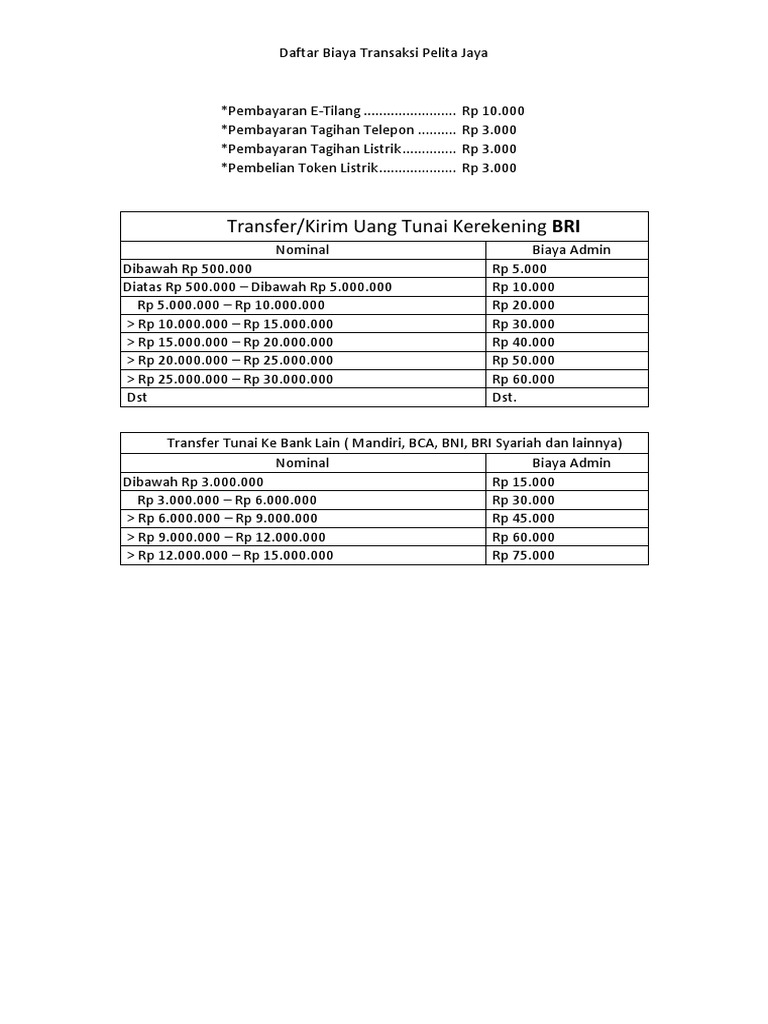 Daftar Biaya Transaksi Brilink Copy