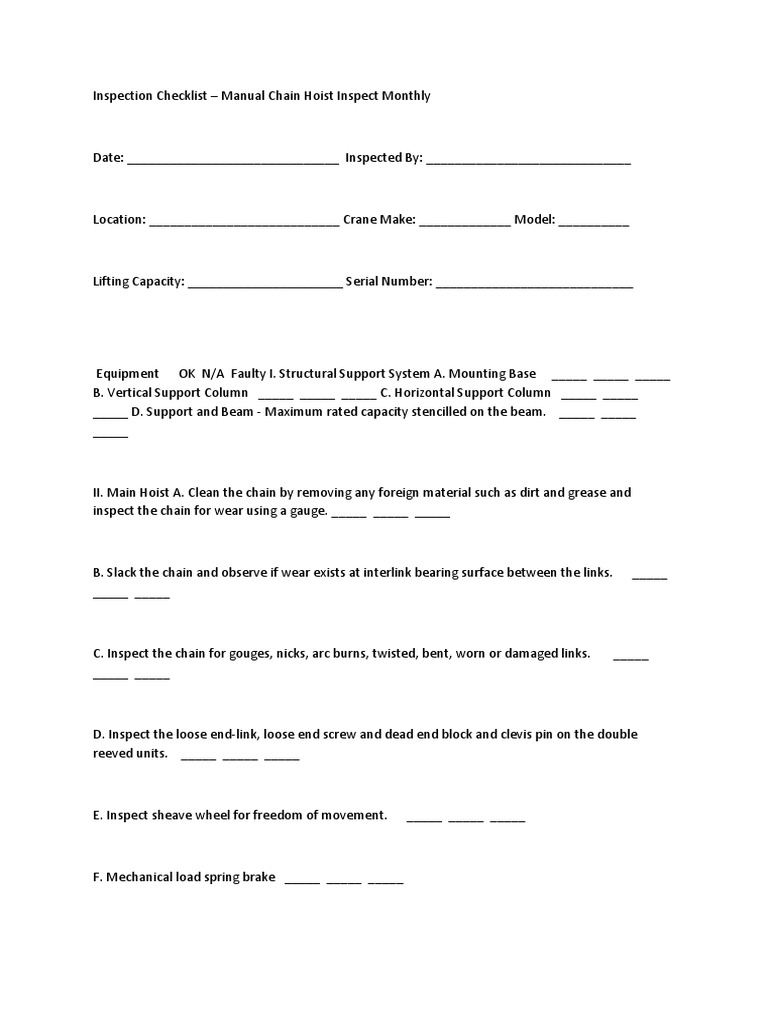 Manual Chain Hoist Inspection Checklist | PDF