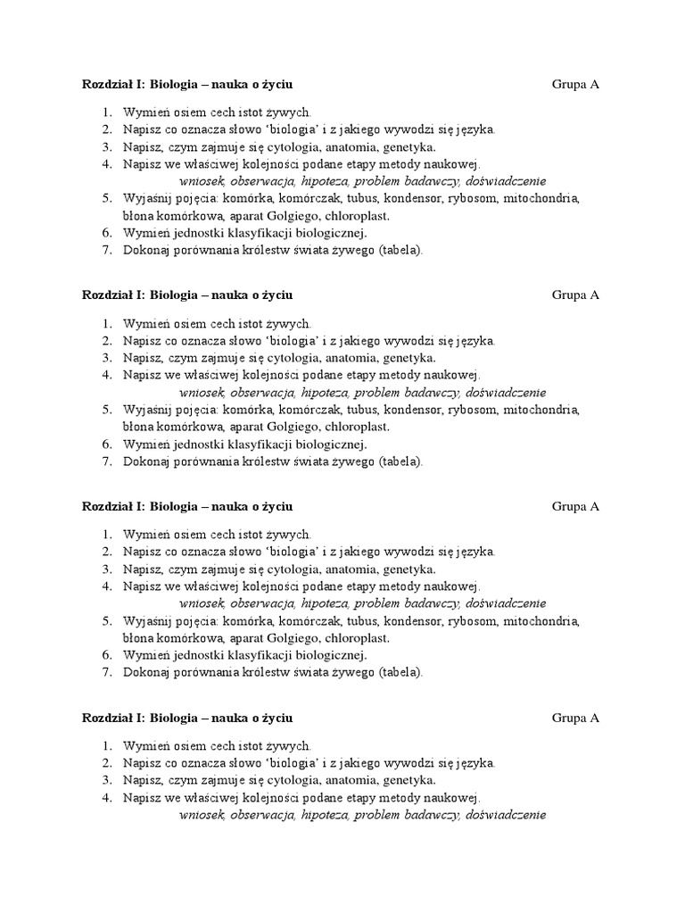 Biologia Nauka O życiu Test Sprawdzający Rozdział 1 Klasa 5