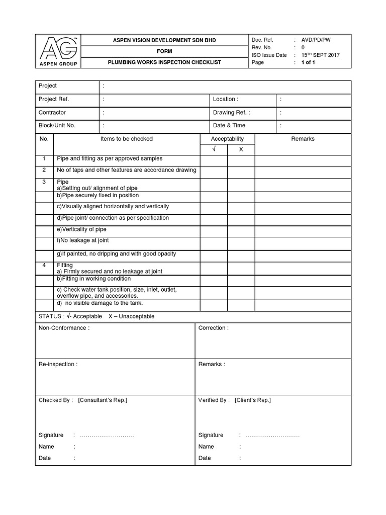 Plumbing Inspection Checklist