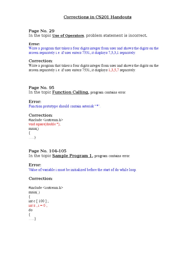 Corrections in cs201 handouts use of operators error pdf