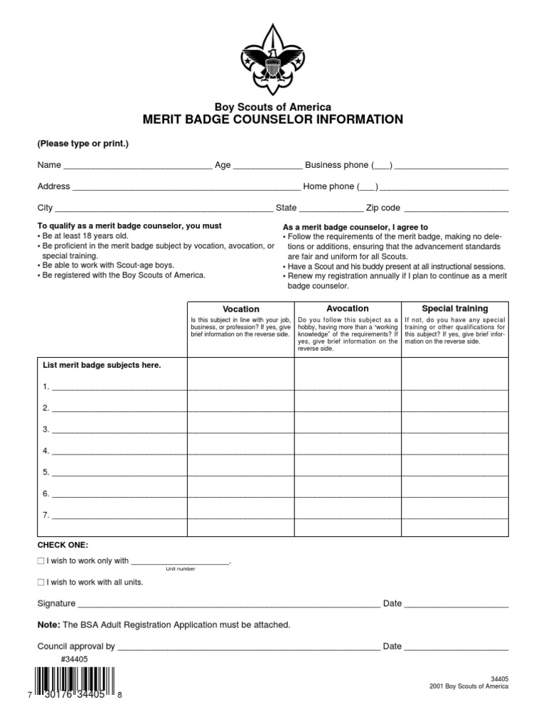 Merit Badge Counselor Registration Form | PDF | Boy Scouts Of America ...