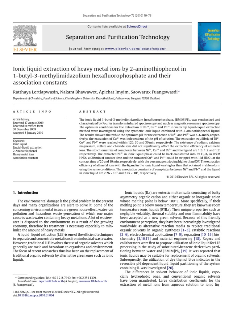 Ionic Liquid Extraction of Heavy Metal Ions by 2Aminothiophenol In. 1