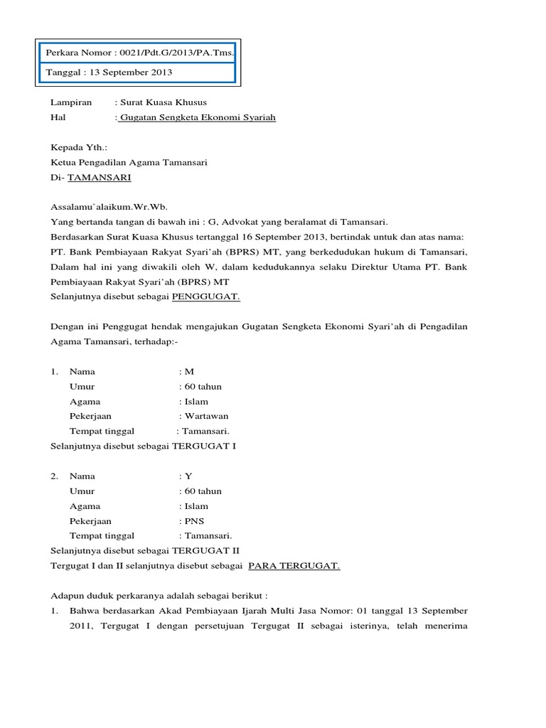 Gambar Contoh Surat Contoh Surat Gugatan Peradilan Agama