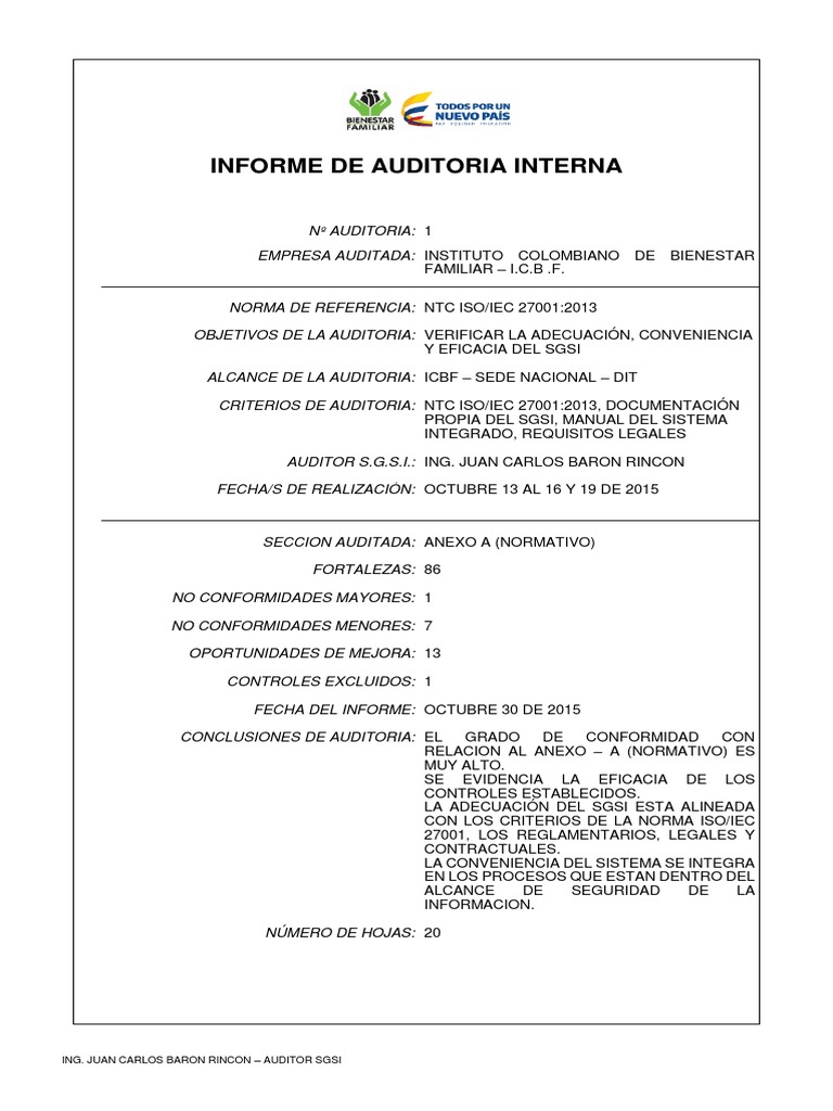 Informe De Auditoria Interna Sgsi Seguridad Y Privacidad En Línea