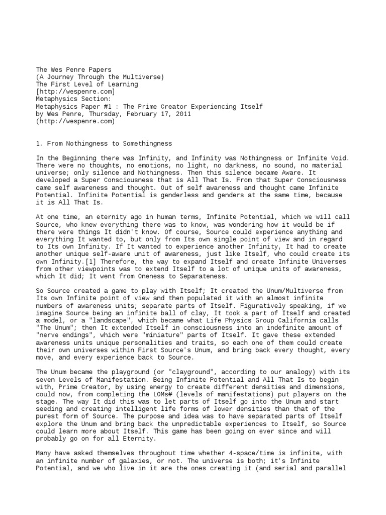 L1 Metaphysics Paper 1 The Prime Creator Experiencing Itself PDF