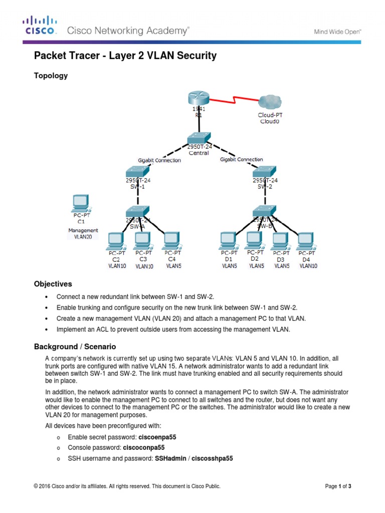 6.3.1.3 Packet Tracer - Layer 2 VLAN Security PDF | PDF | Network ...
