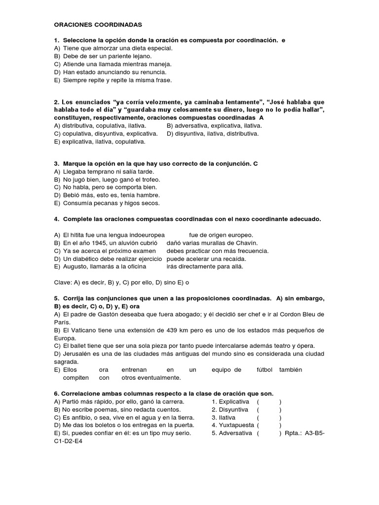 Ejercicios de Oraciones Coordinadas | PDF | Oración (Lingüística) | Idiomas