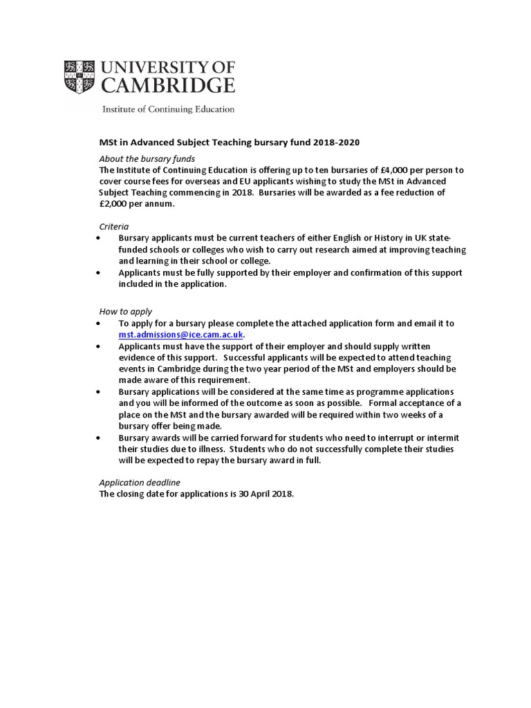 MST in Advanced Subject Teaching (MST AST Bursary Application Form