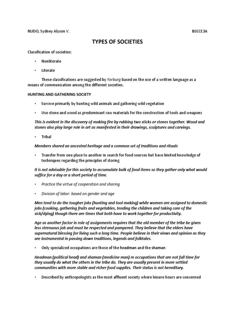 Types of Societies Hunting and Gathering Society PDF Society Civilization