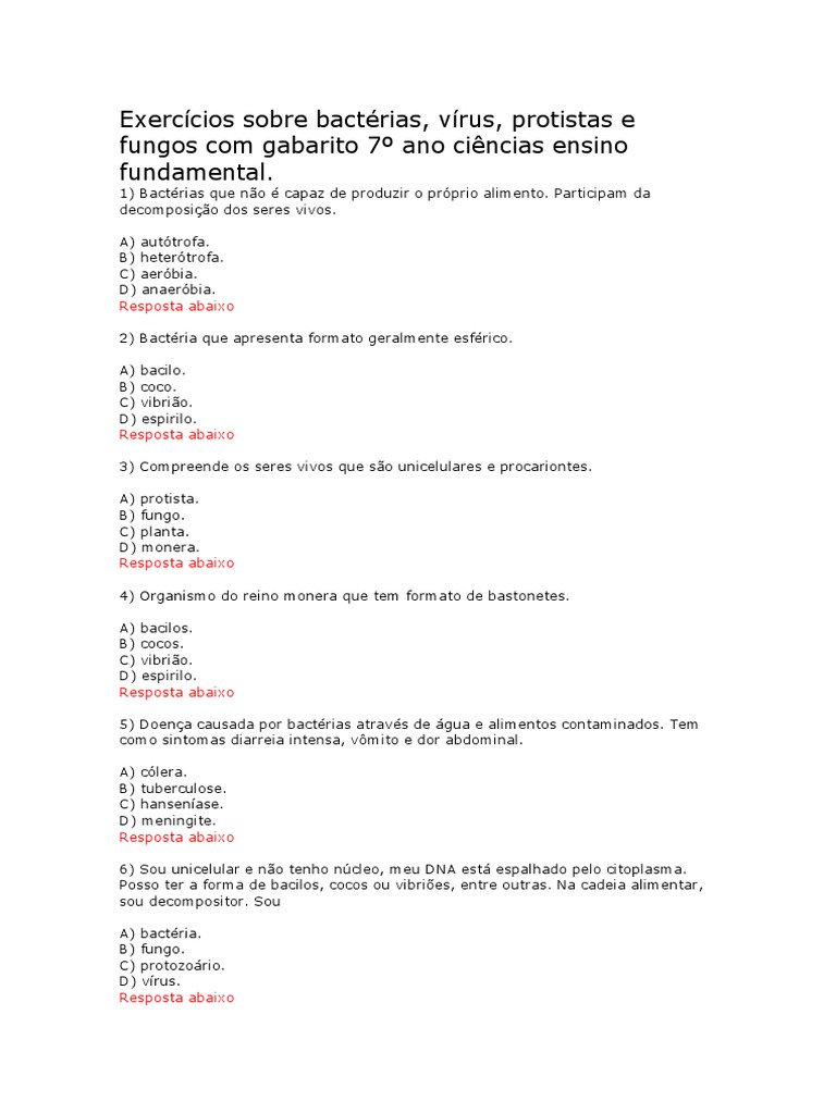 Exercícios Sobre Bactérias , 10 Questões sobre Protozoários para o 7 ...