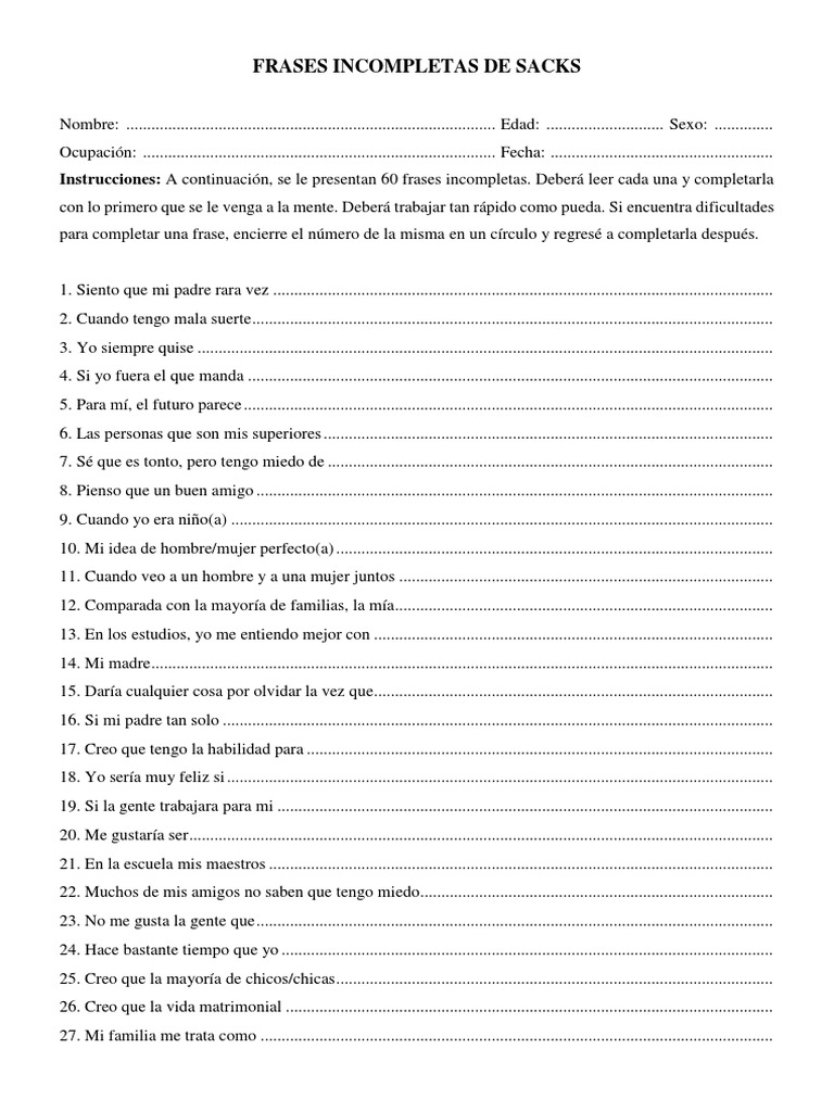 Protocolo Del Test de Frases Incompletas de Sacks | PDF