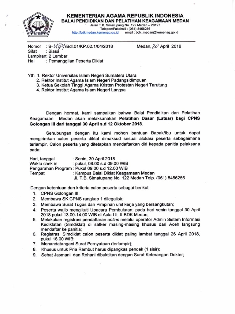 Surat Pemanggilan Peserta Diklat Latsar Cpns