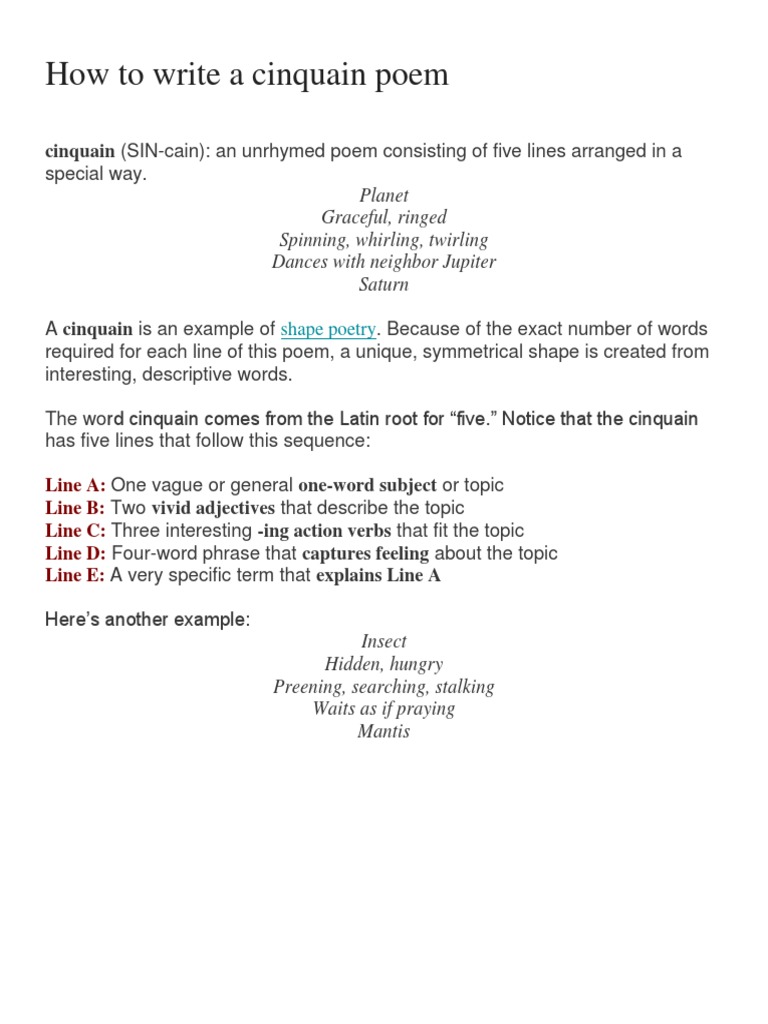 How To Write A Cinquain Poem PDF Poetry Verb