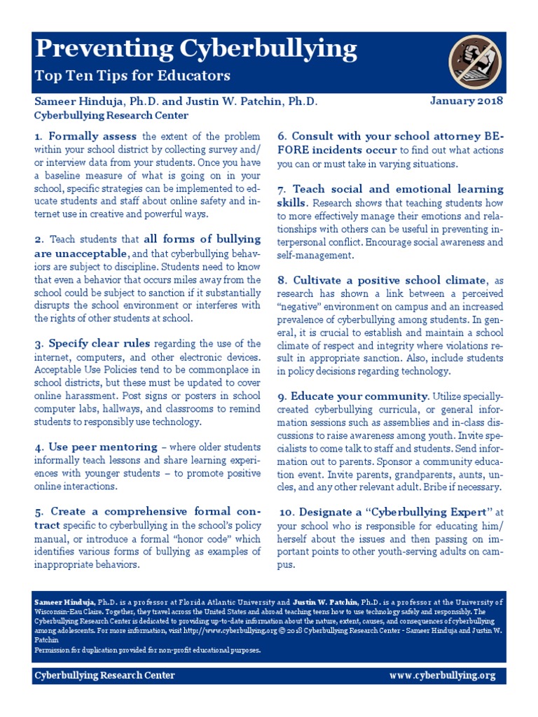 Top Ten Tips Educators Cyberbullying Prevention PDF Cyberbullying