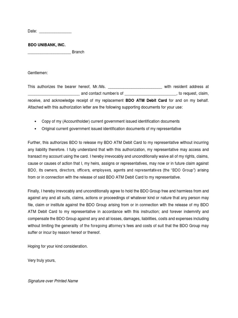 BDO Authorization Letter for ATM Card | PDF | Finance & Money Management