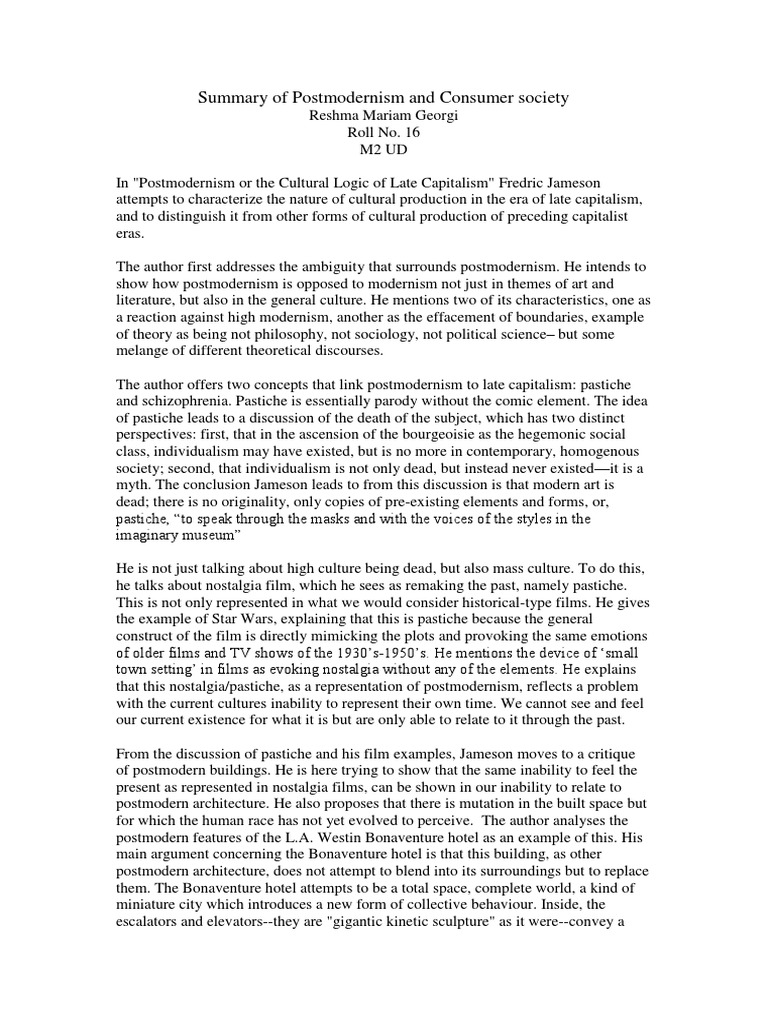 Summary of Postmodernism and Consumer Society | PDF | Postmodernism ...
