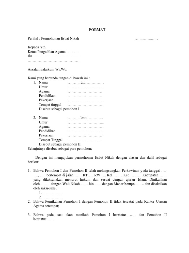 Contoh Format Surat Permohonan Itsbat Nikah  File PDF