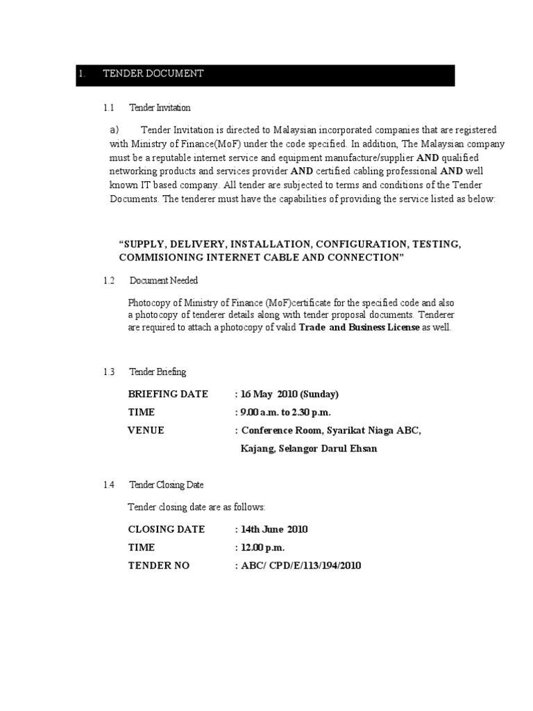 Document Tender PDF Specification (Technical Standard) Prices