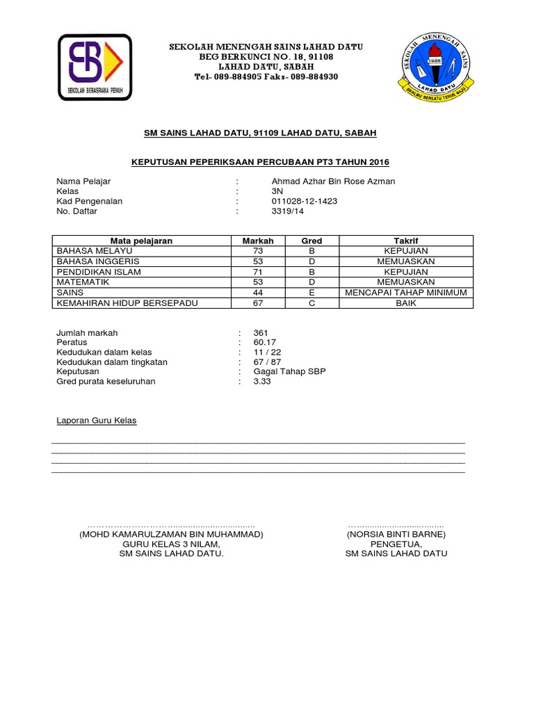 Slip Keputusan Percubaan Pt3