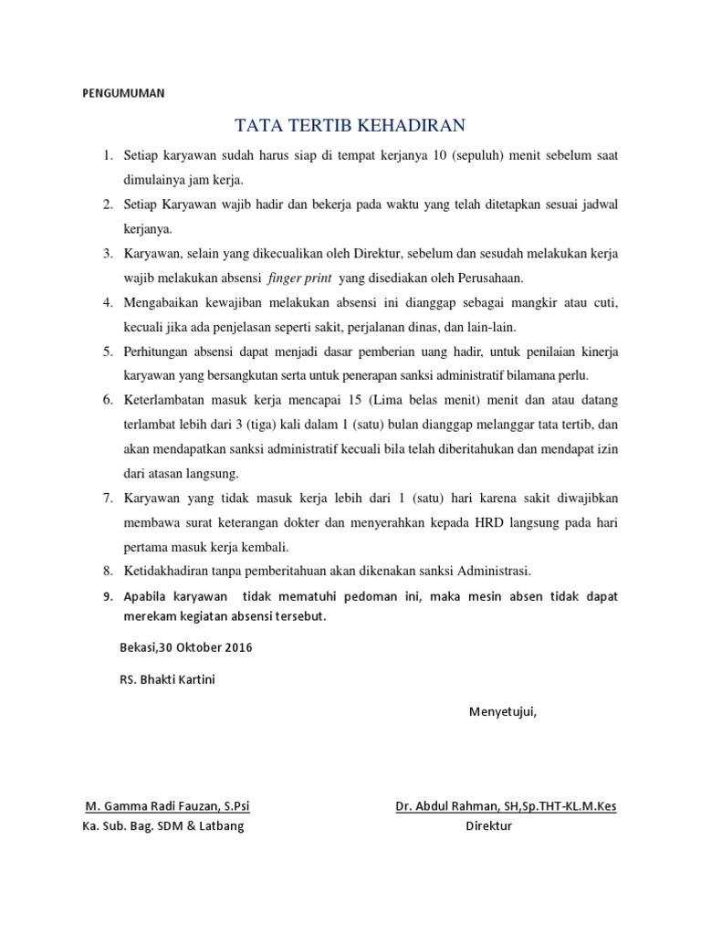 Pengumuman Tata Tertib Kehadiran