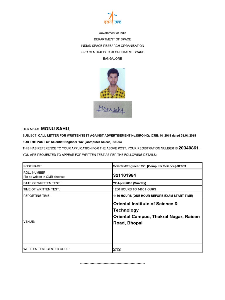 ISRO Scientist/Engineer SC Exam Call Letter | PDF | Test (Assessment)