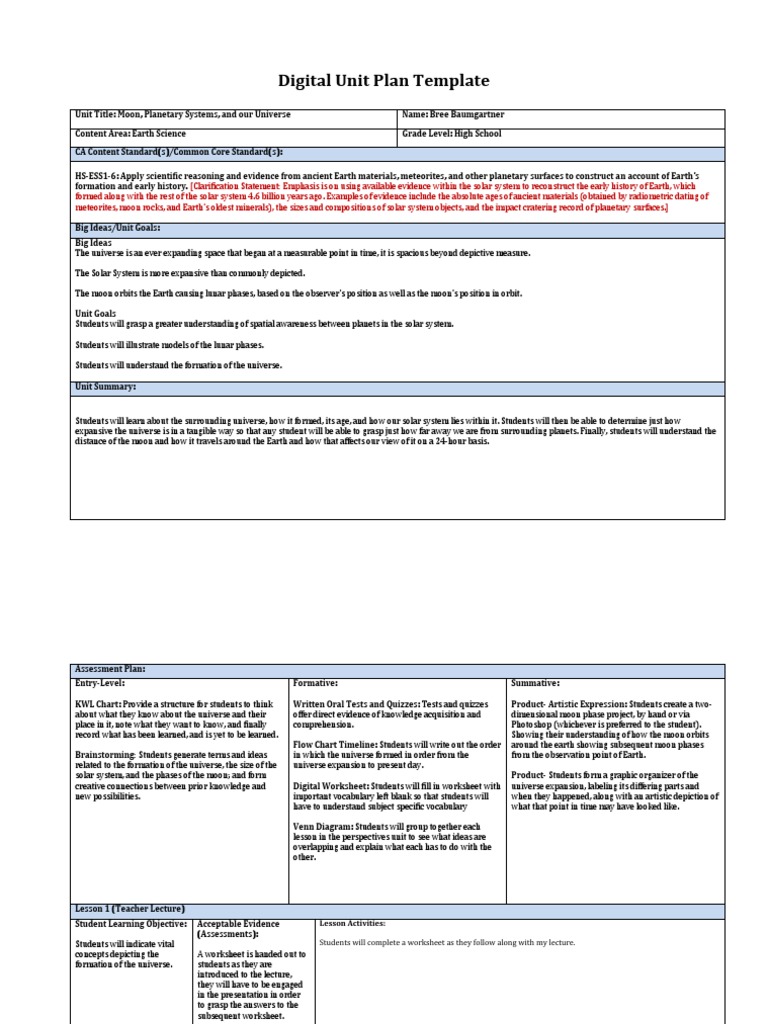 Digital Unit Plan Template Moon Solar System