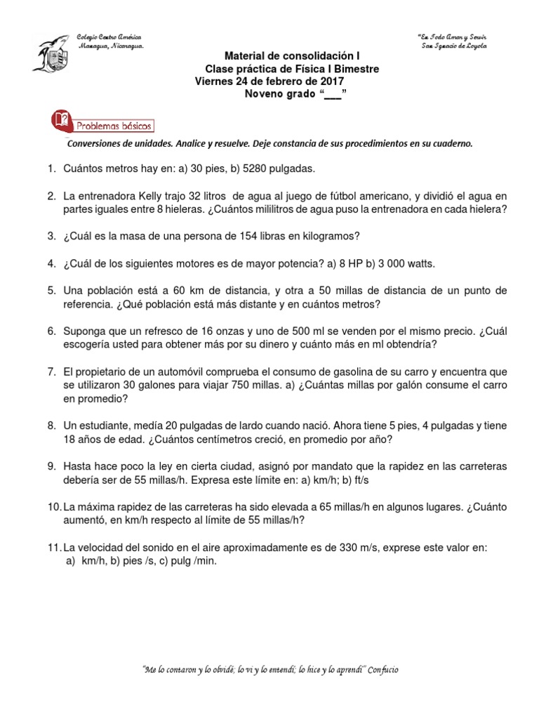 Cuantas Onzas Hay En Un Litro Clase Practica Noveno Ib 20171 | PDF