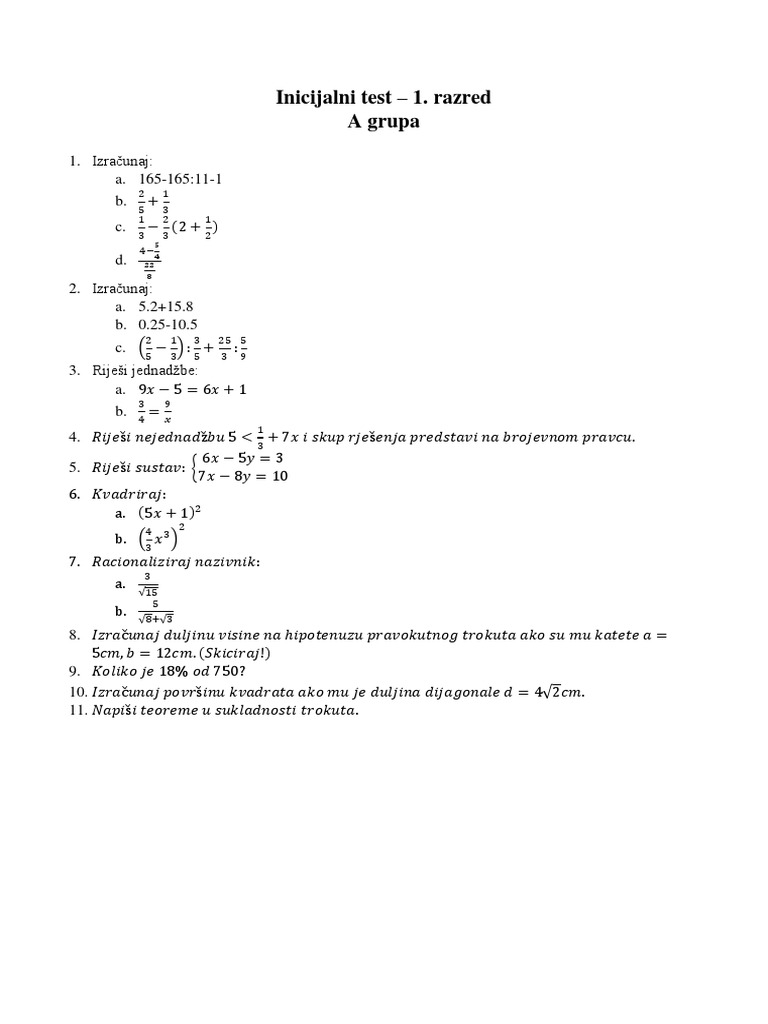 Inicijalni Test Prvi Razredi 2017 2018 | PDF