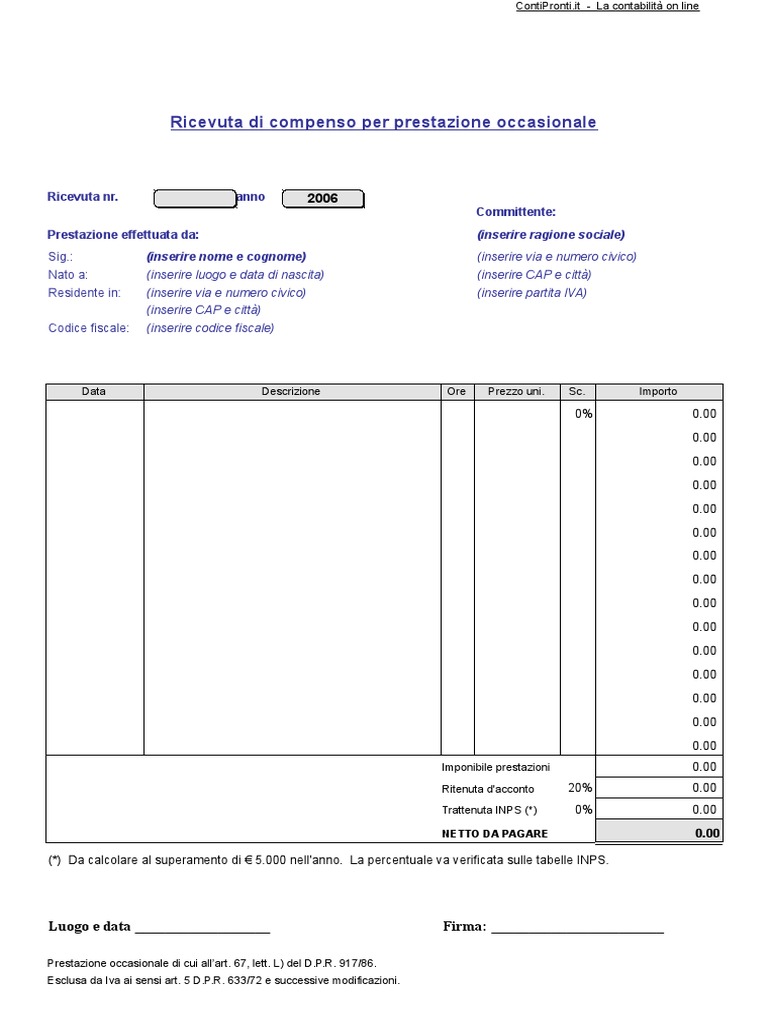 Ricevuta Prestazioni Occasionali | PDF