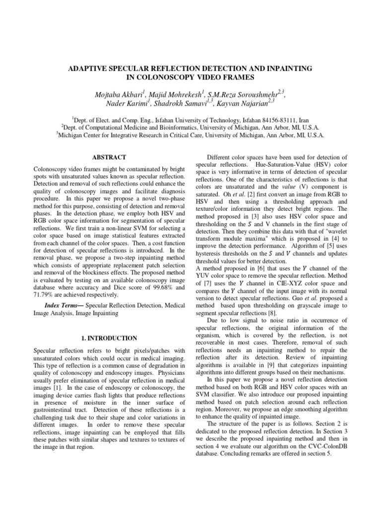 Adaptive Specular Reflection Detection and Inpainting in Colonoscopy