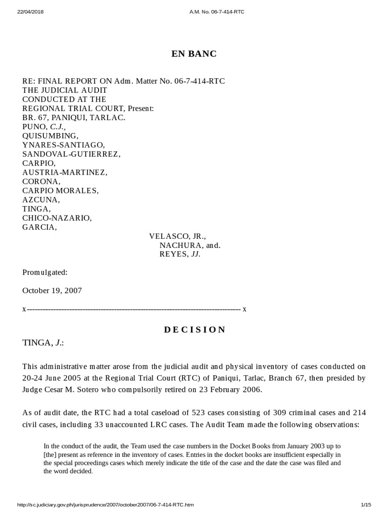 Judicial Audit Report: RTC Paniqui | PDF | Judge | Lawsuit