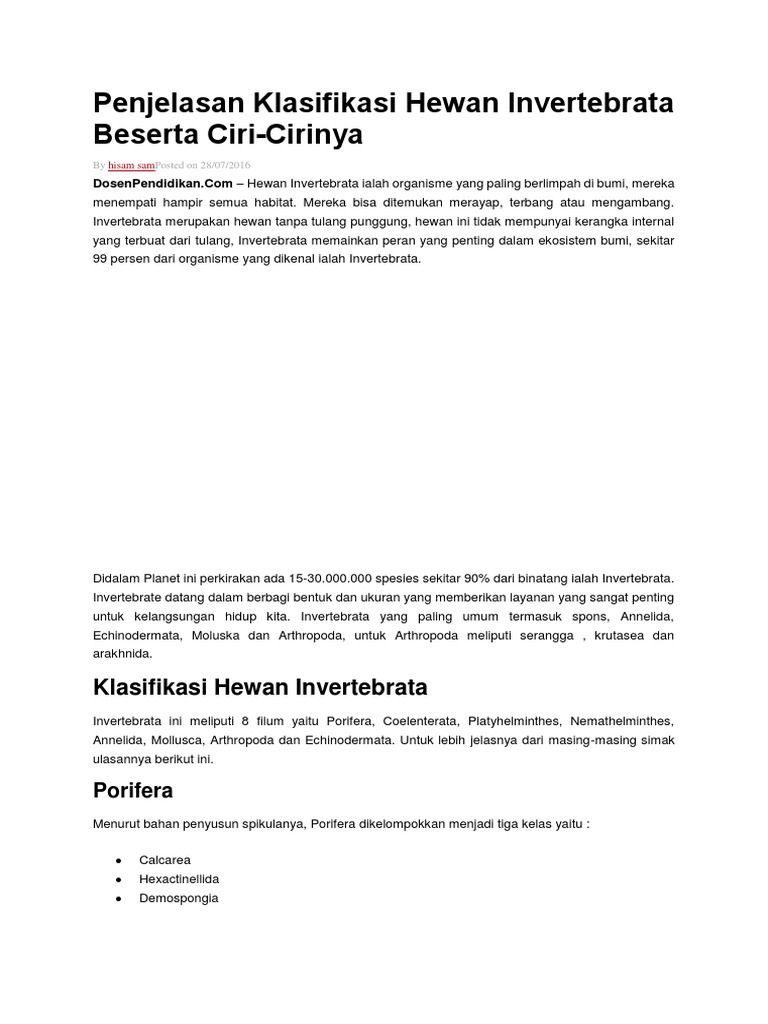 Penjelasan Klasifikasi Hewan Invertebrata Beserta Ciri