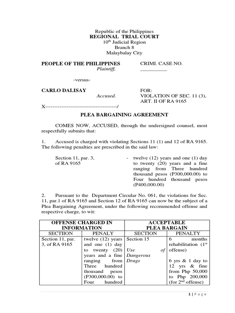 Plea Bargaining Agreement in RA 9165 Case | PDF | Plea Bargain | Plea