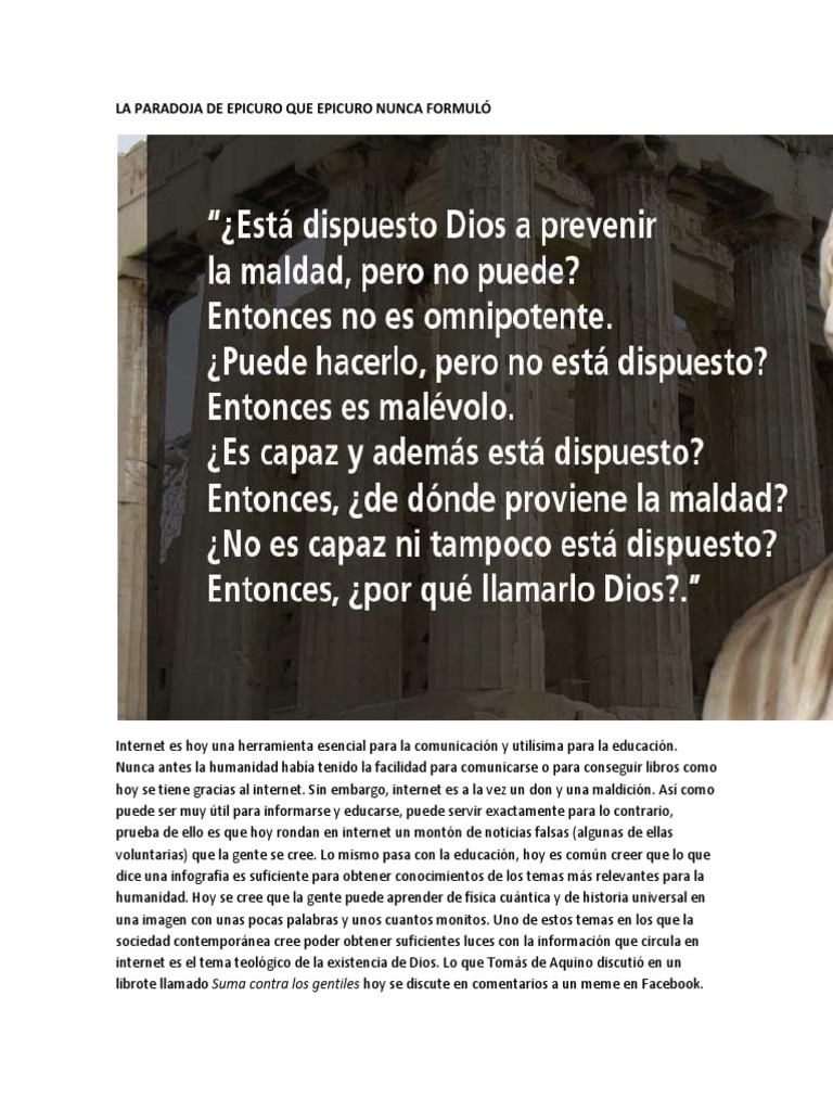 La Paradoja de Epicuro Que Epicuro Nunca Formuló | PDF | Sócrates | Platón
