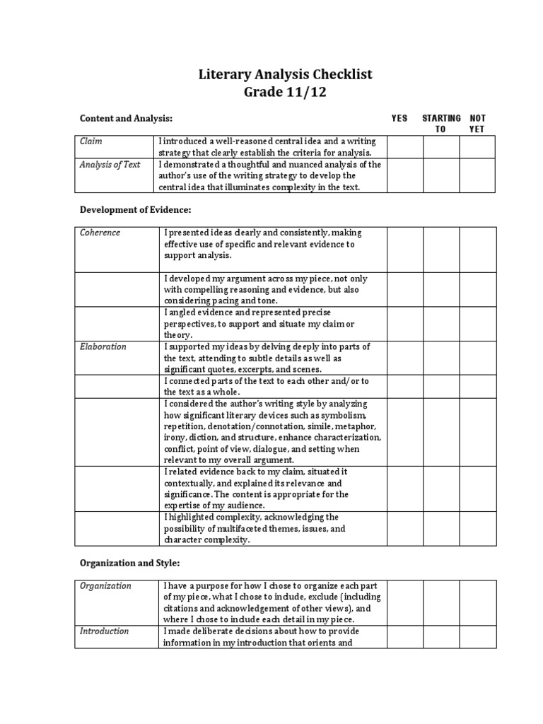 Literary Analysis Checklist 11 and 12 PDF Citation Communication