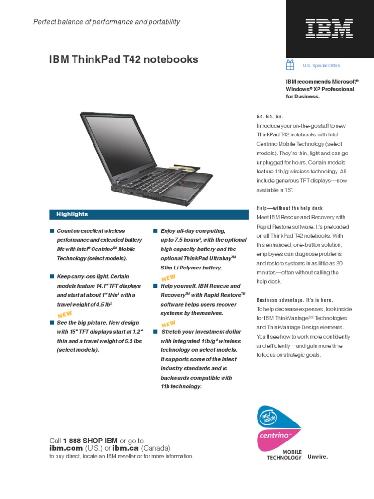 IBM ThinkPad T42 Specifications | Laptop | Personal Computers
