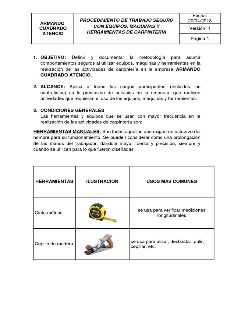 Procedimiento Seguro para Manejo Herramientas y Equipos | PDF ...
