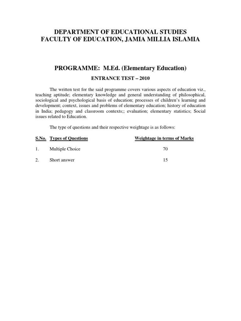 M.Ed. Entrance Test Overview 2010 | PDF | Multiple Choice | Pedagogy