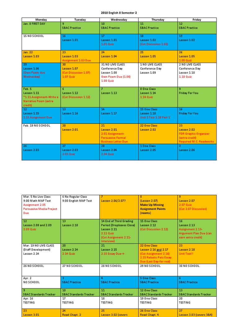 English 8 Semester 2 Schedule 2018 | PDF