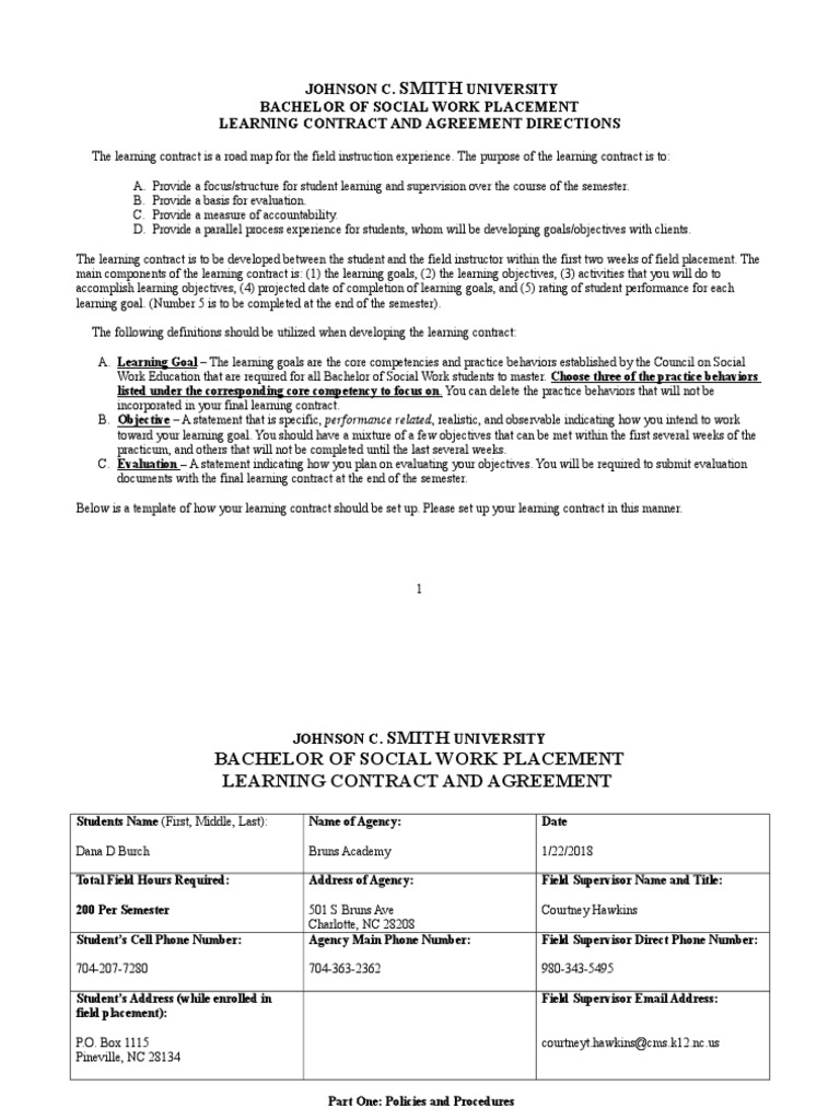 BSW Learning Contract | PDF | Goal | Evaluation