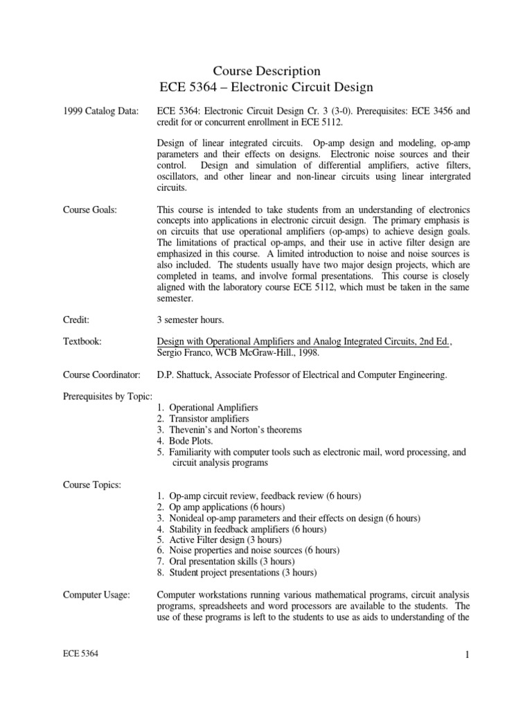 Course Description ECE 5364 - Electronic Circuit Design | PDF ...