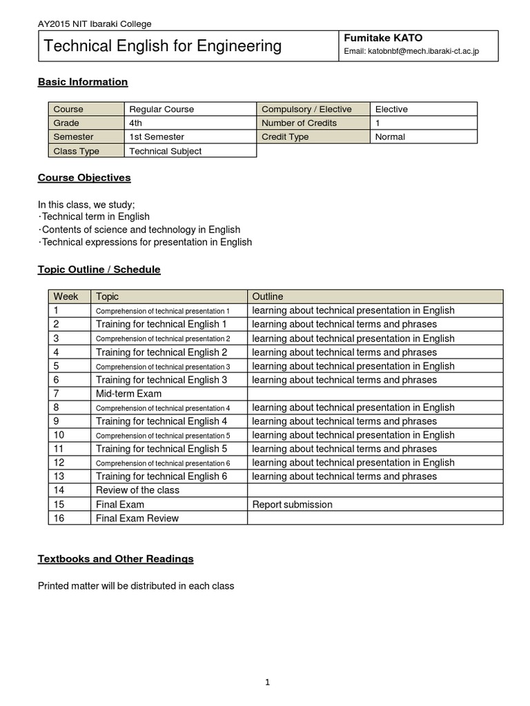 Technical English Course Overview | PDF | Academic Term | Final Examination