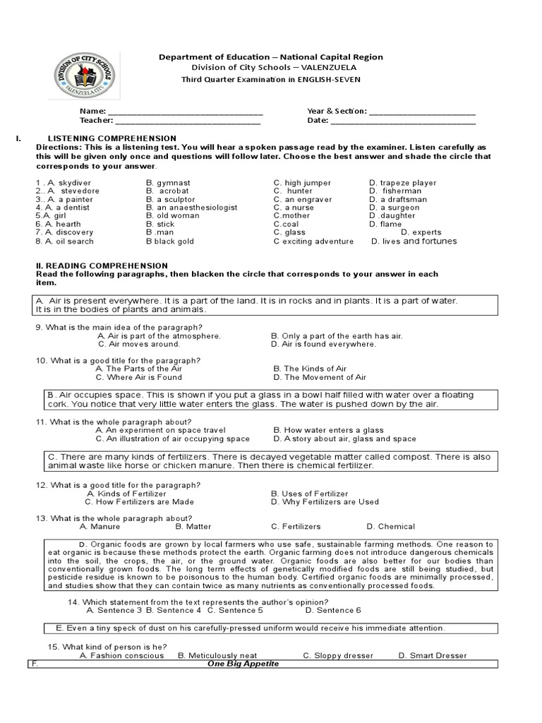 Grade 7 Science Exam Questions | PDF | Organic Farming | Organic Foods