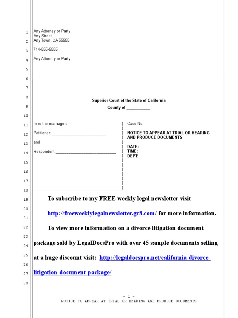 Notice to Appear at Trial and Produce Documents for California Divorce