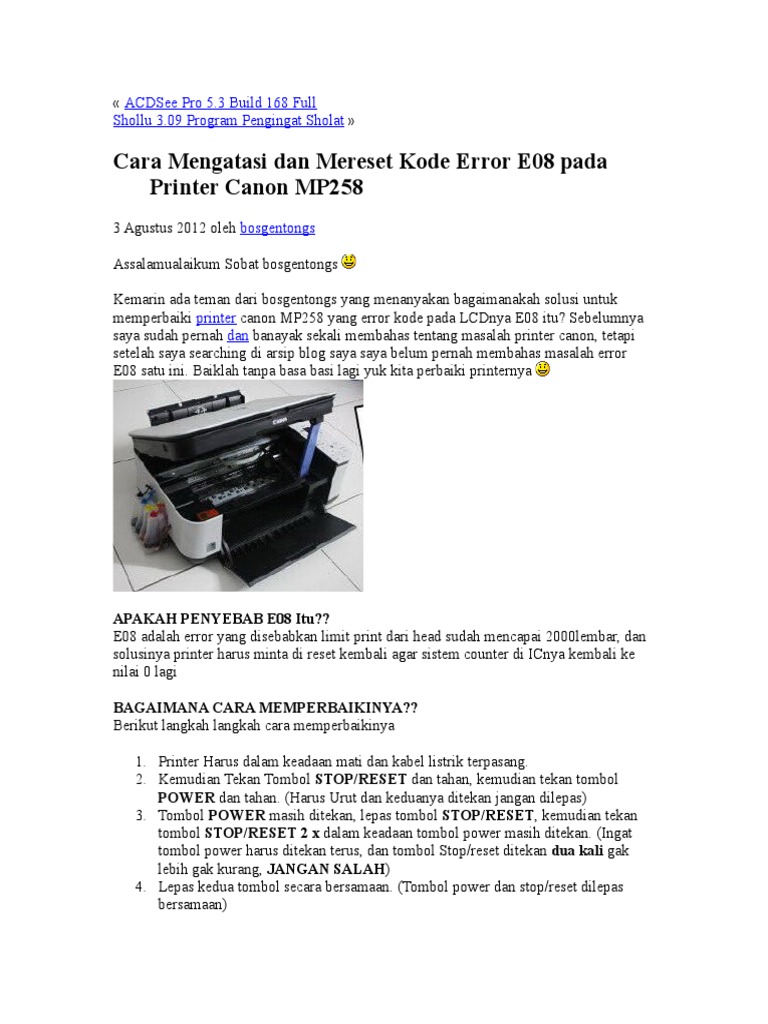 Cara Reset Printer Canon MP258 E08 | PDF