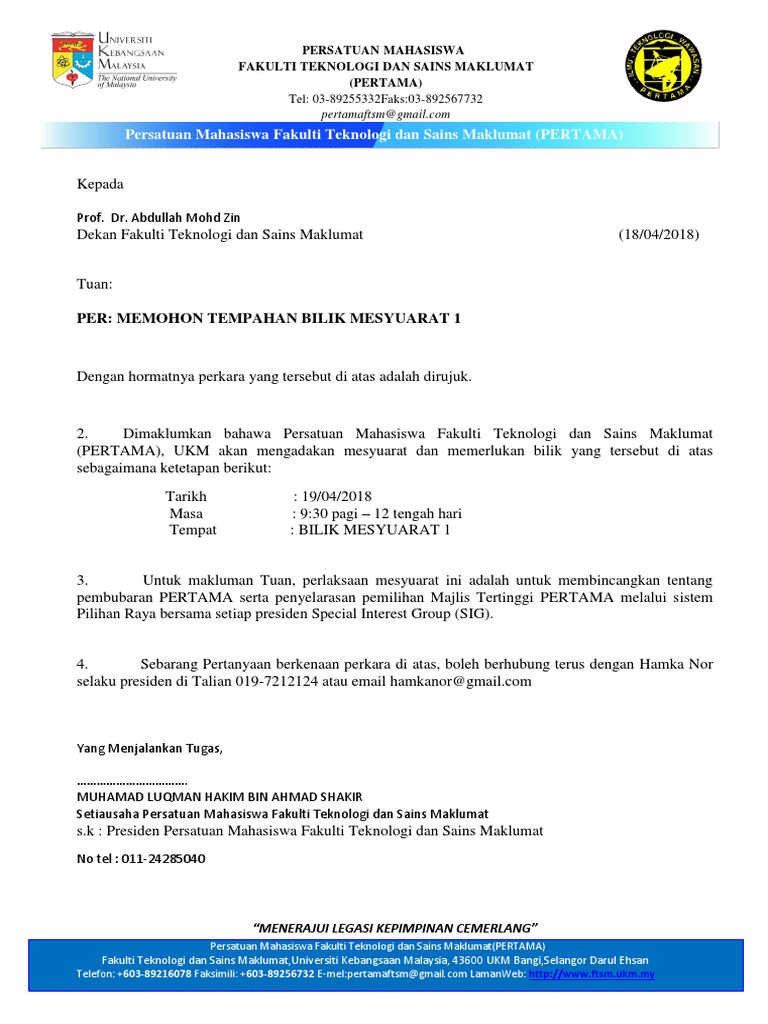 Surat Tempahan Bilik Mesyuarat Pdf