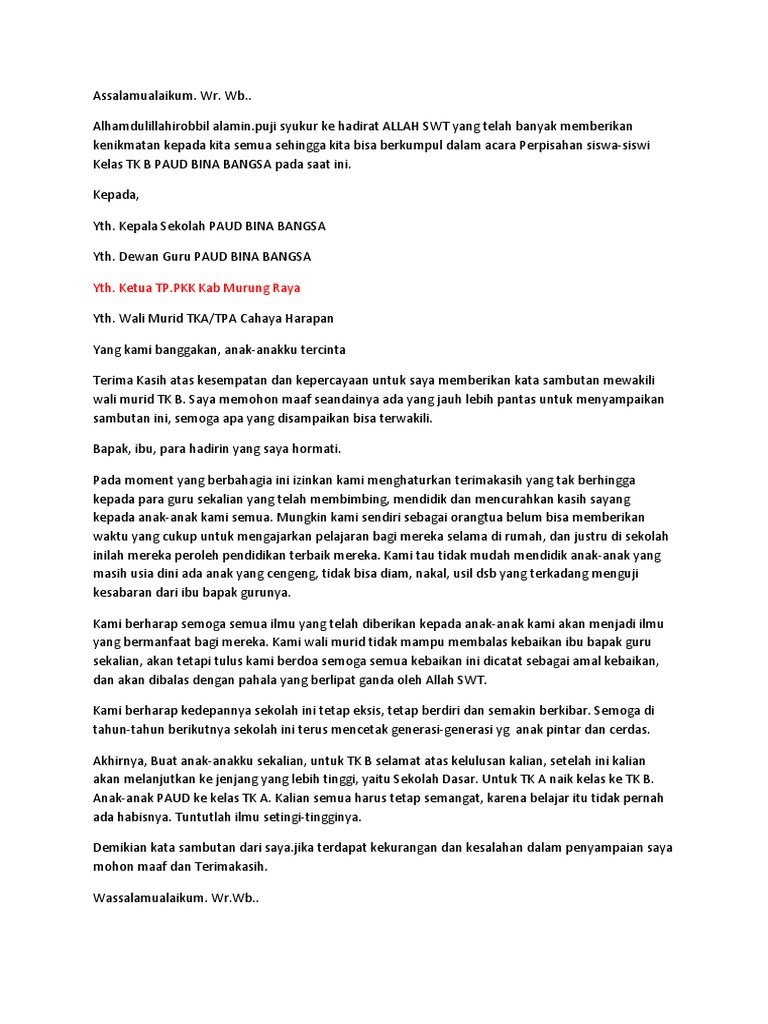 Contoh Pidato Sambutan Wali Murid Pada Acara Perpisahan