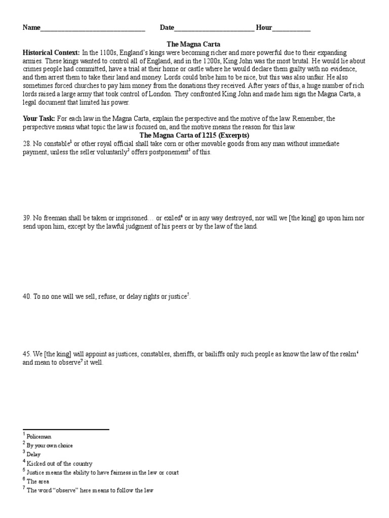 Magna Carta Worksheet PDF